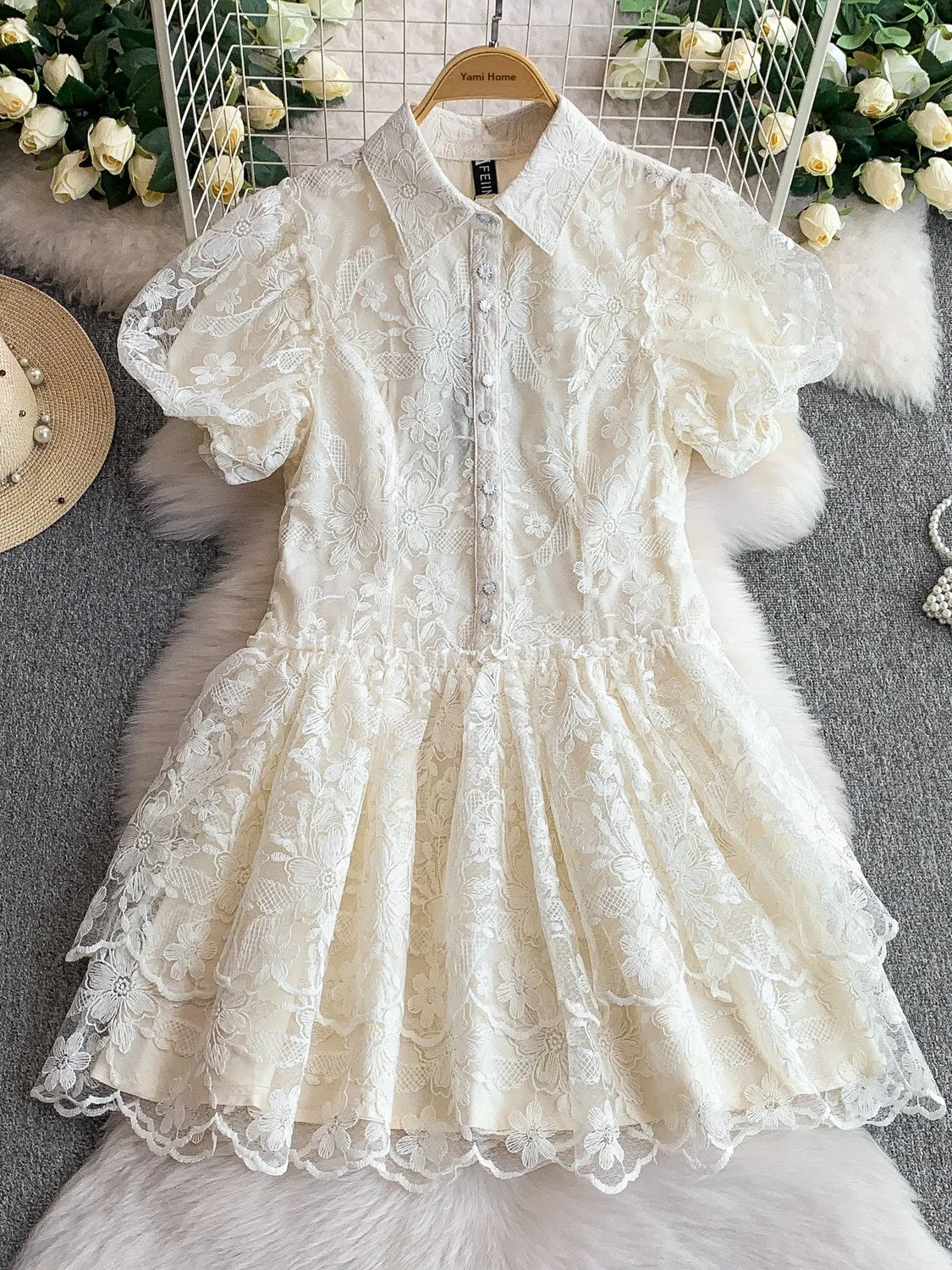 فستان صيفي نسائي بتصميم أميري مع ياقة مطرزة وأكمام منتفخة وزر واحد وتنورة ضيقة #5