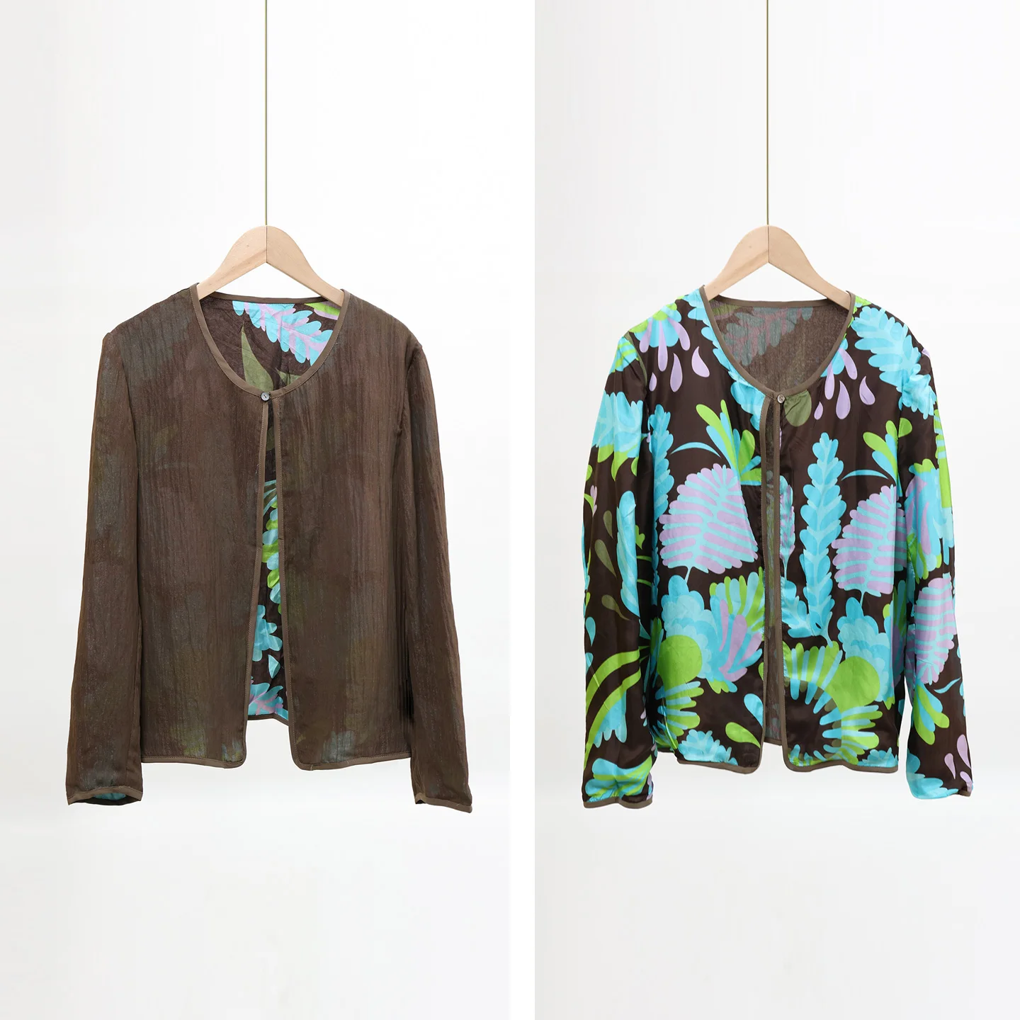 

Double-Sided Wear Silk Jacket in Coffee Color with Pleated Silk Linen Print Face Pure Silk RIXINJIA Commuter Style Loose Fit