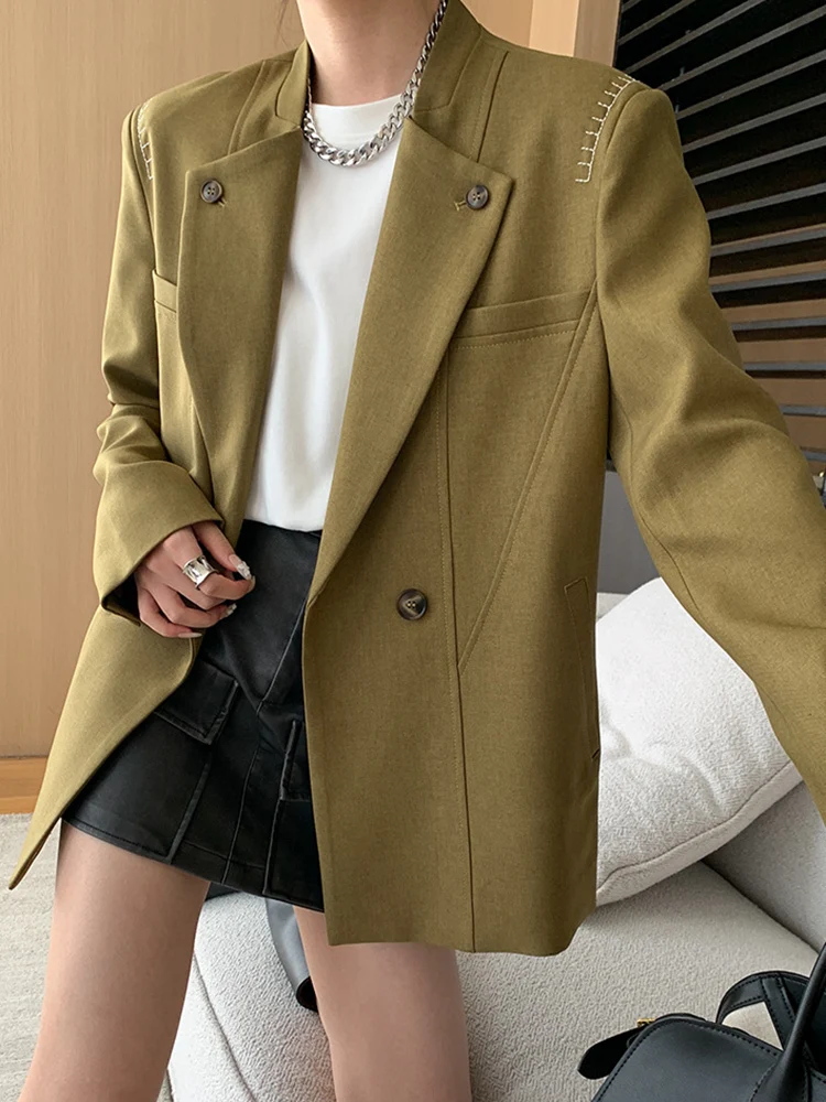 [EAM] Women Khaki Topstitched Big Size Elegant Blazer New Lapel Long Sleeve Jacket Fashion Tide Spring Autumn 2024 1DH7053