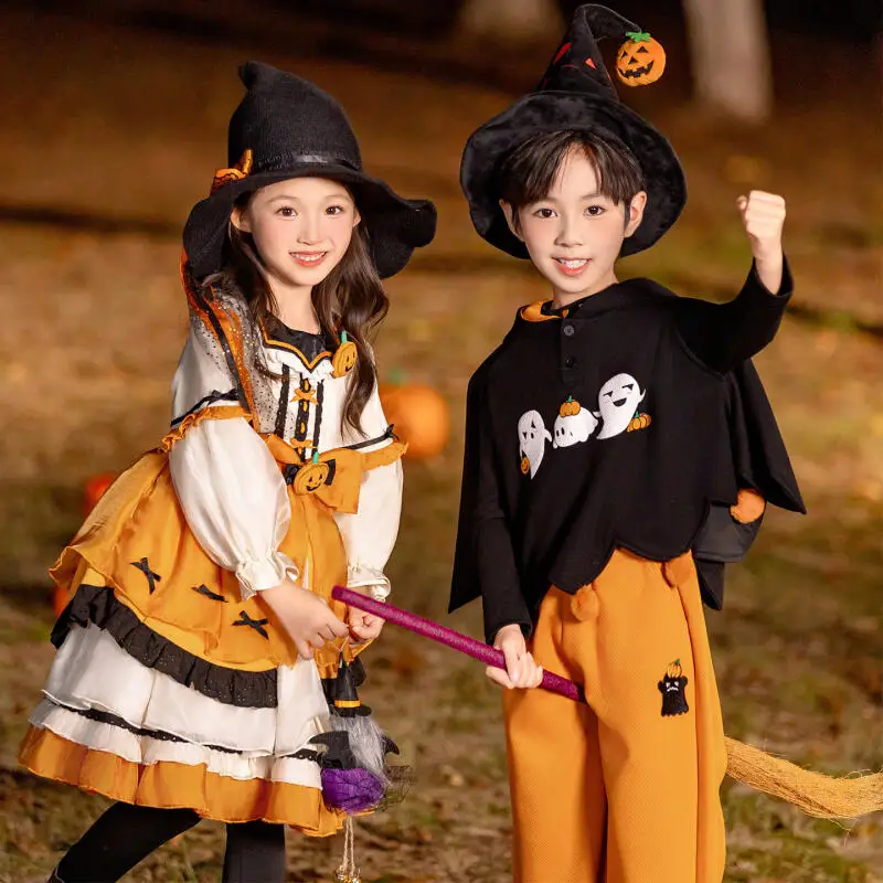 Halloween Girls Lolita Princess Dress Bow Decoration Party Dress Ruffled Tutu Skirt Layered Dress Witch Hat Pumpkin Skirt