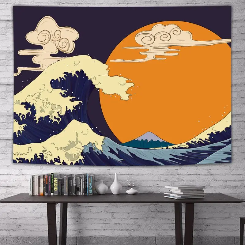 VIKAMA Kanagawa Wave Ukiyo-e Tapestry Auspicious Cloud Wall Hanging Oriental Retro Bedroom Aesthetic Decor Polyester