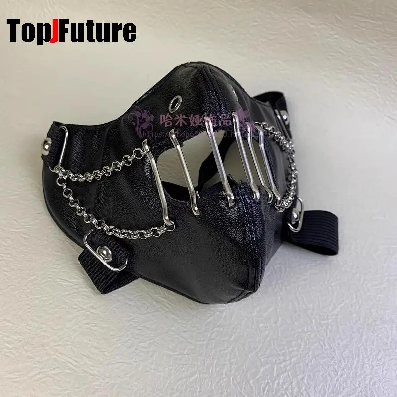 Subculture Y2K Girls mask punk PU leather chain mask Men's and Women's Fashion Campus Decoration visor personality Face Mask