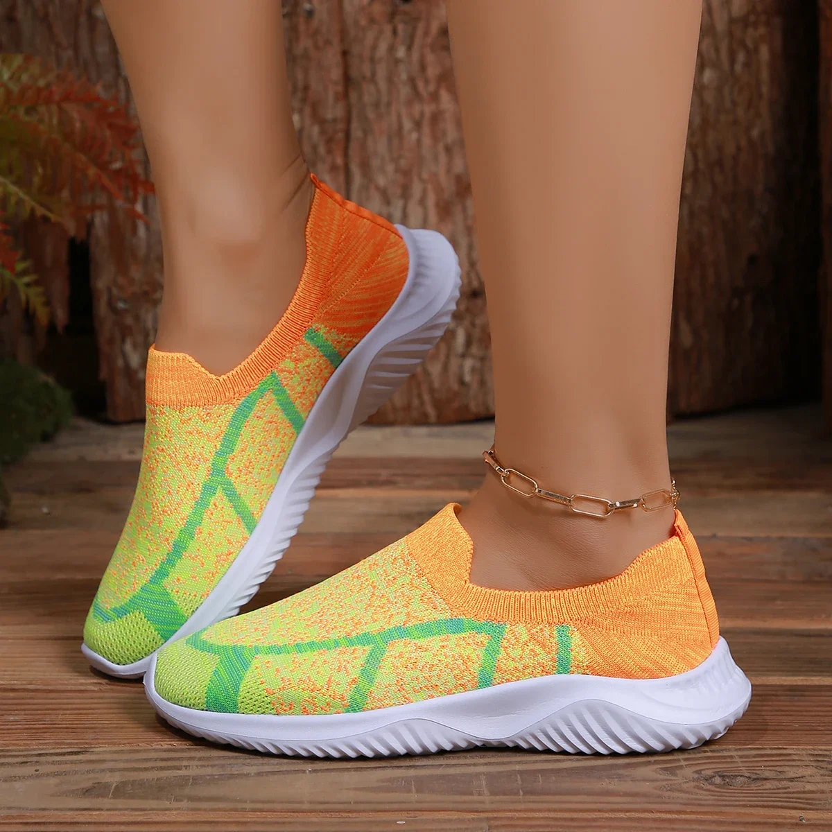 Fashion Printed Knitted Sneakers for Women 2024 Spring and Autumn Mesh Breathable Running Women's Soft-soled Casual Flat Shoes