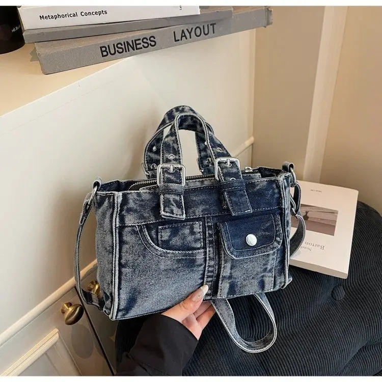 الرجعية الدنيم زر حقيبة يد المرأة مربع سعة كبيرة حقيبة كتف المرأة Harajuku عادية تنوعا اليومية حقائب كروسبودي 2025 #6