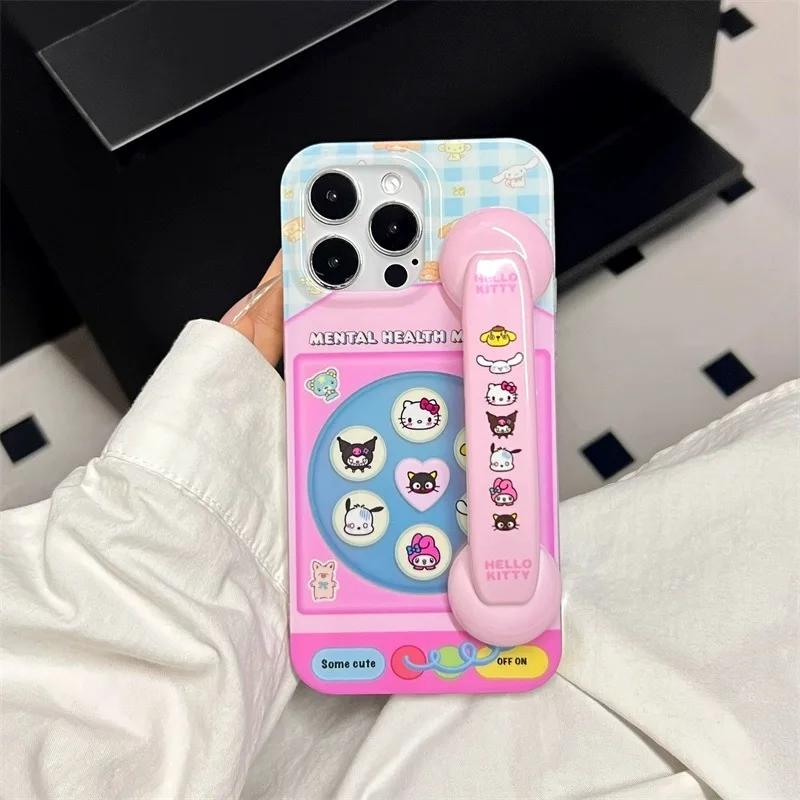 Funny Rotary Kitty Melody Kuromi Cinnamoroll Case For iPhone 12 13 14 15 Pro Max Mobile Big Brother Phone Handle Stand