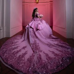 Angelsbridep Pink Princess Ball Gown Quinceanera Dresses With Shiny Seuqined Appliques Bow Prom Party Dress Vestidos De Festa