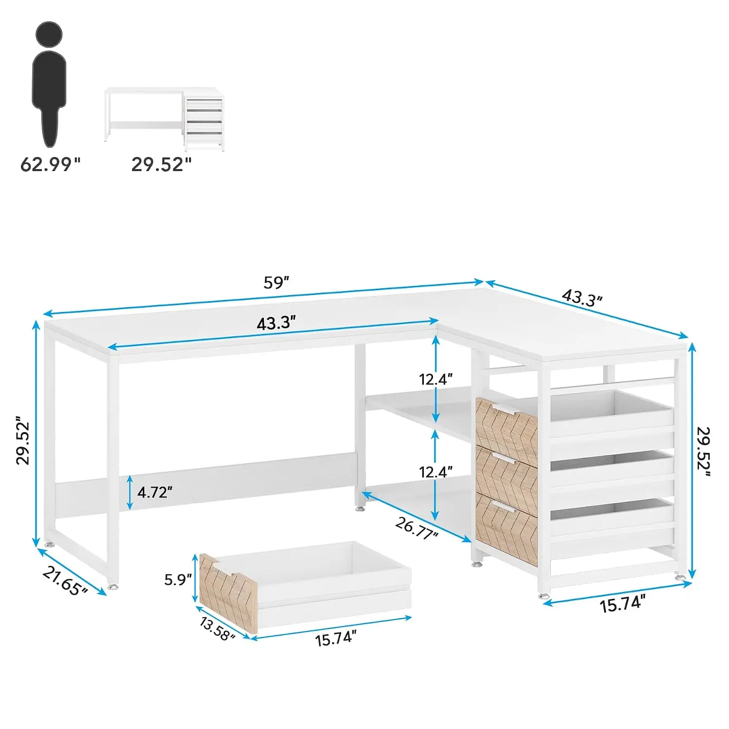 L Shaped Computer Desk with Drawers & Shelves, 59 inch Reversible Corner Desk Study Table for Home Office, White, Customized