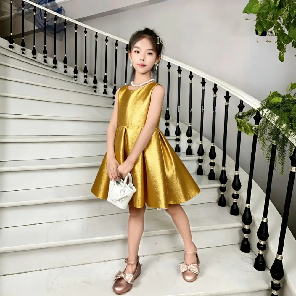 2026 Children Girls Formal Dress Costume New  Kids Birthday Princess Gown Formal Pageant Elegant Outfit Pink Satin Princess Gown