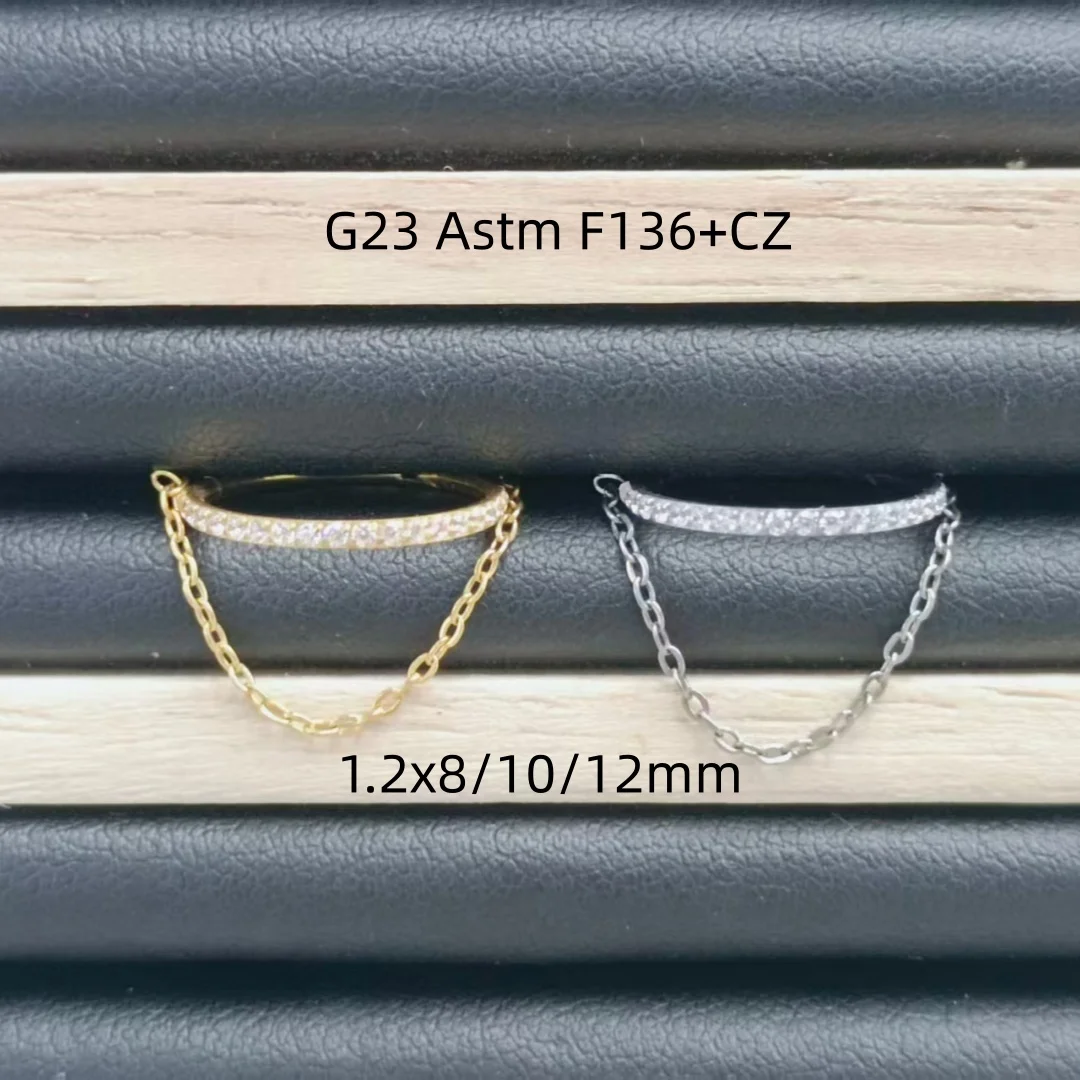 Lot of 10 G23 ASTM F136 Chain CZ Nose Ear Lip Ring Clicker Ear Helix Conch Tragus Diath Cartilage Body Piercing Jewelry