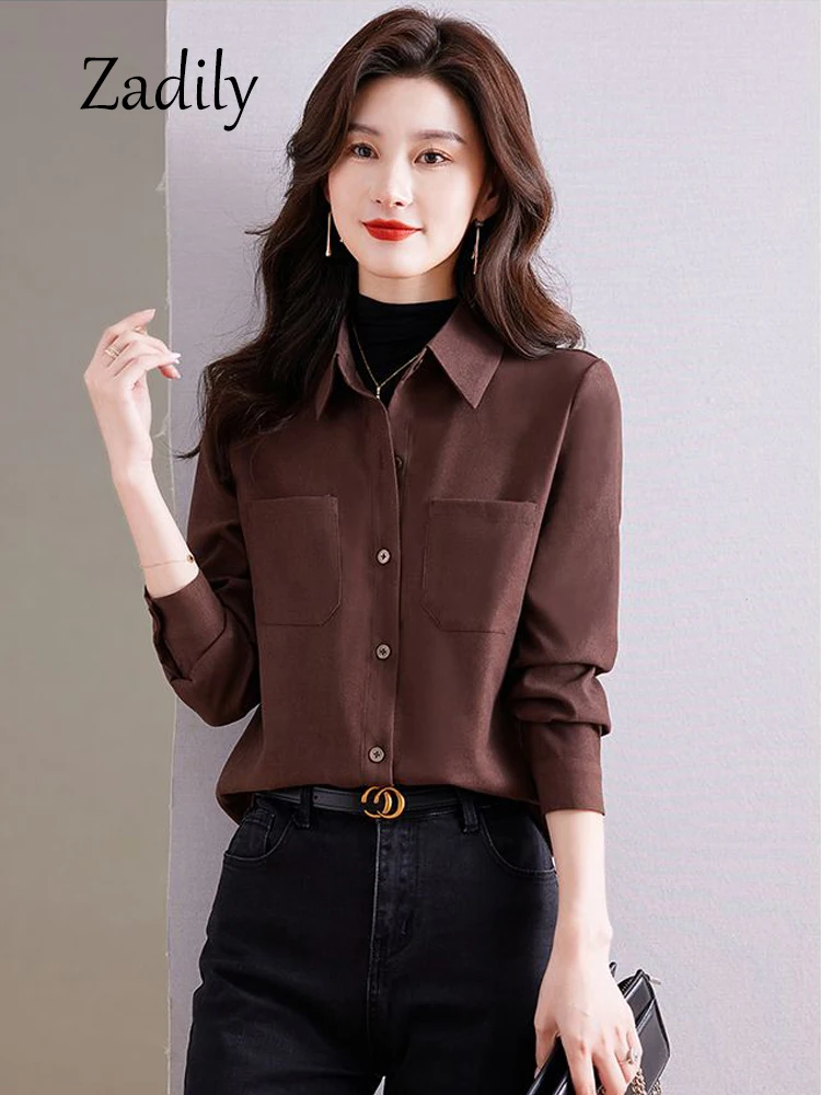 Office Lady Button Up Long Sleeve Women Basic Shirt 2024 Autumn Button Up Thick Blouse Pocket Warm Cardigan Work Clothing Tops