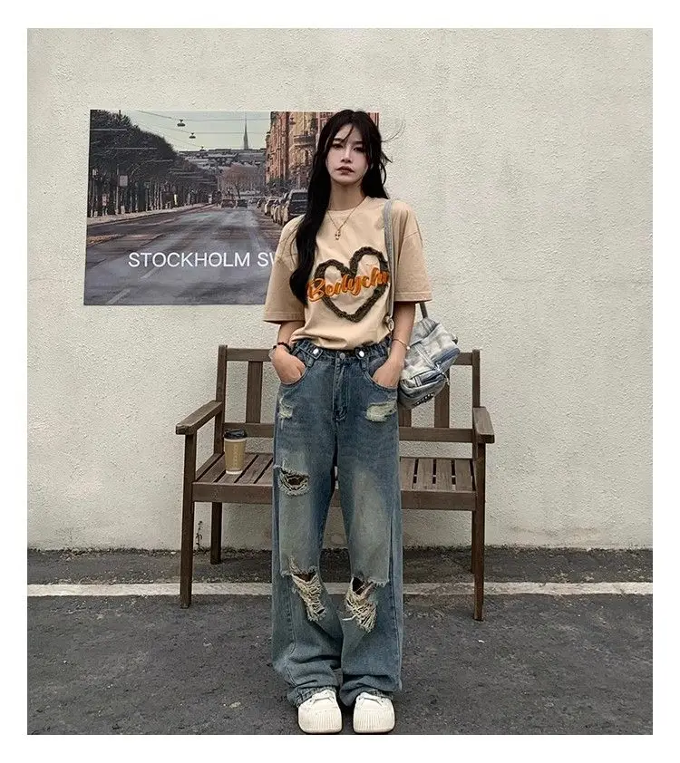 المتعثرة عالية الخصر فضفاضة المرأة الجينز ممزق السراويل استرخاء صالح بناطيل كاجوال فضفاض واسعة الشارع الشهير موضة السراويل النسائية #3