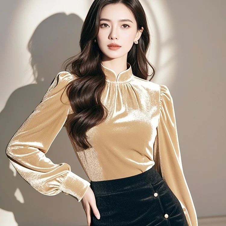 New Chinese stand up collar white velvet shirt for women in winter, retro bubble sleeves, a unique and stylish shirt