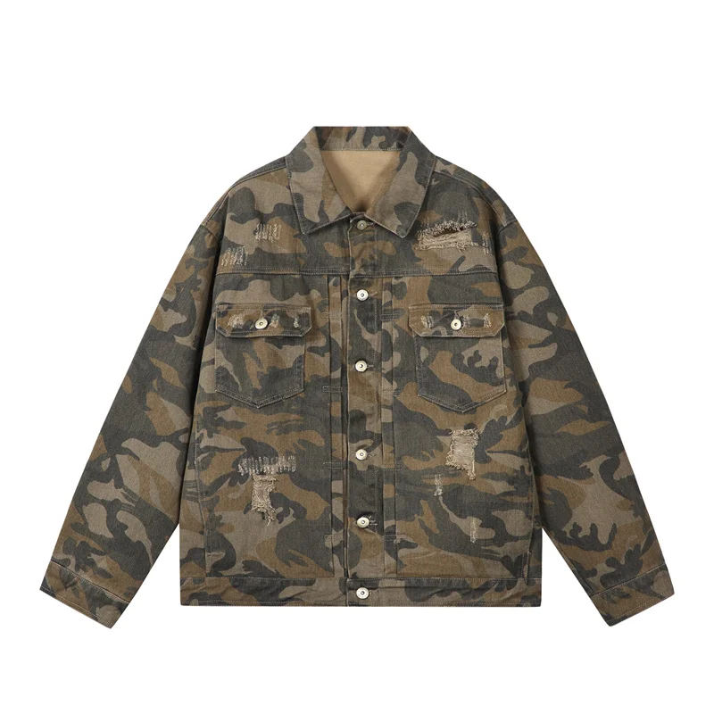 

Весенне-осенняя джинсовая куртка в американском стиле для мужчин, модная, с дырками, камуфляжная, с отложным воротником, свободная верхняя одежда, повседневные джинсовые куртки для мужчин