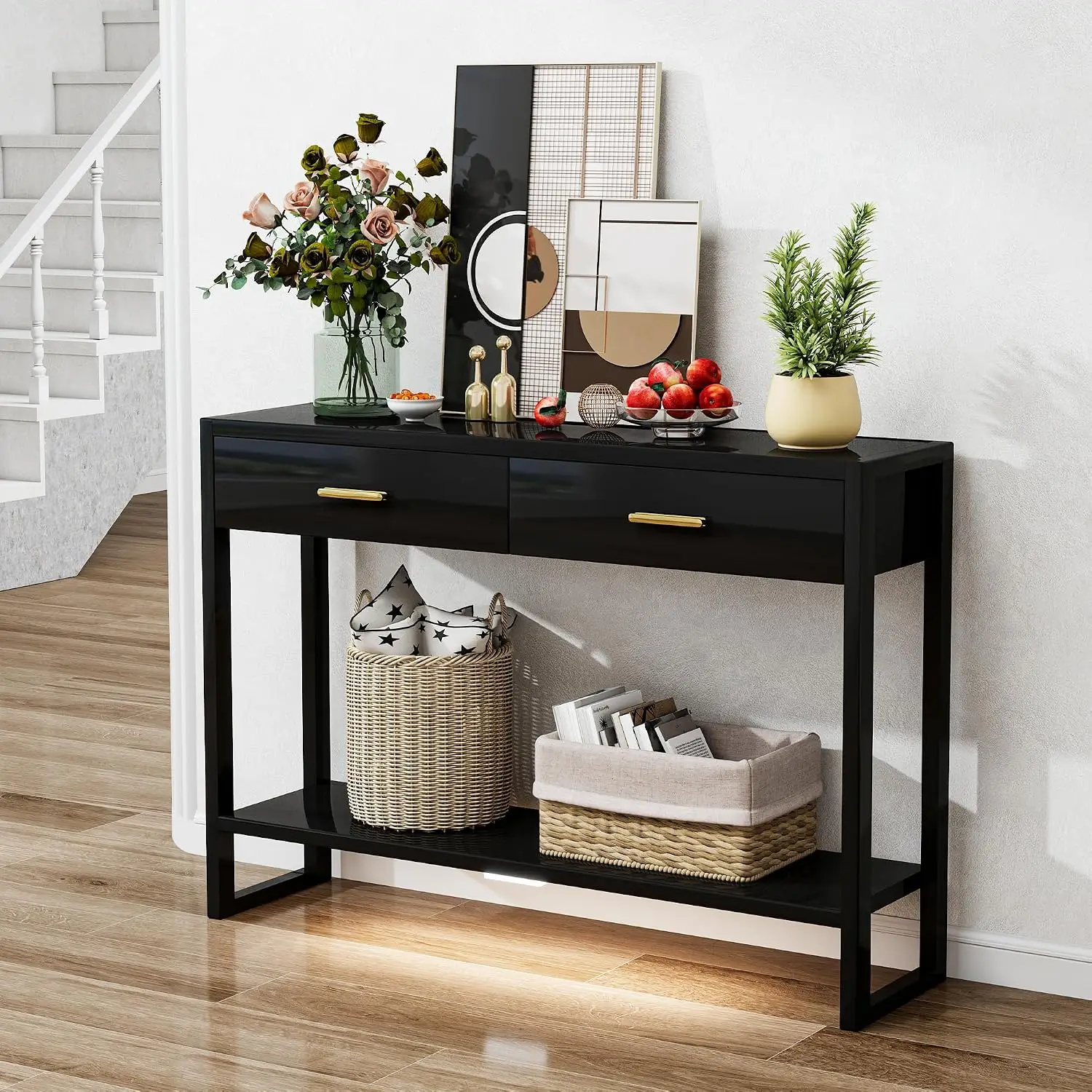 2-Drawer Entryway Table with Motion Sensor Light, Slim Console Table for Small Spaces, Rustic Wood Design, Sturdy Engineered Wood