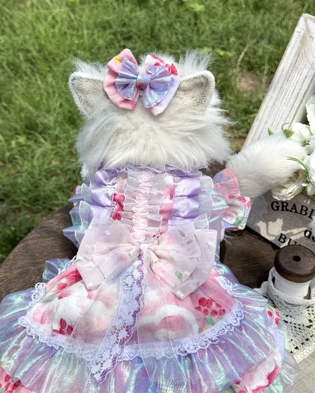 Gradient Floral Print Pet Princess Dress Lace Big Bow Iridescent Ruffle Tiered Dress for Dogs Cats Party Wedding Outfit Apparel