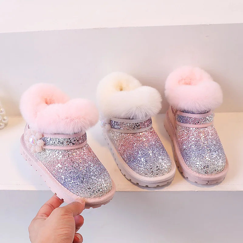 Girls Snow Boots 2023 Winter Toddler Kids Princess Fashion Brand Chelsea Ankle Boots Children Warm Fur Glitter Flower Pink Shoes