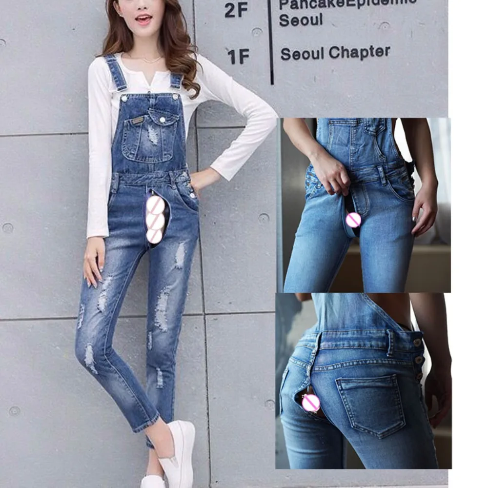 Invisible Open Outdoor Sex Pants Boyfriend Jeans Summer Suspender Pants Casual Loose Hole Denim Jumpsuit Streetwear Baggy Pants