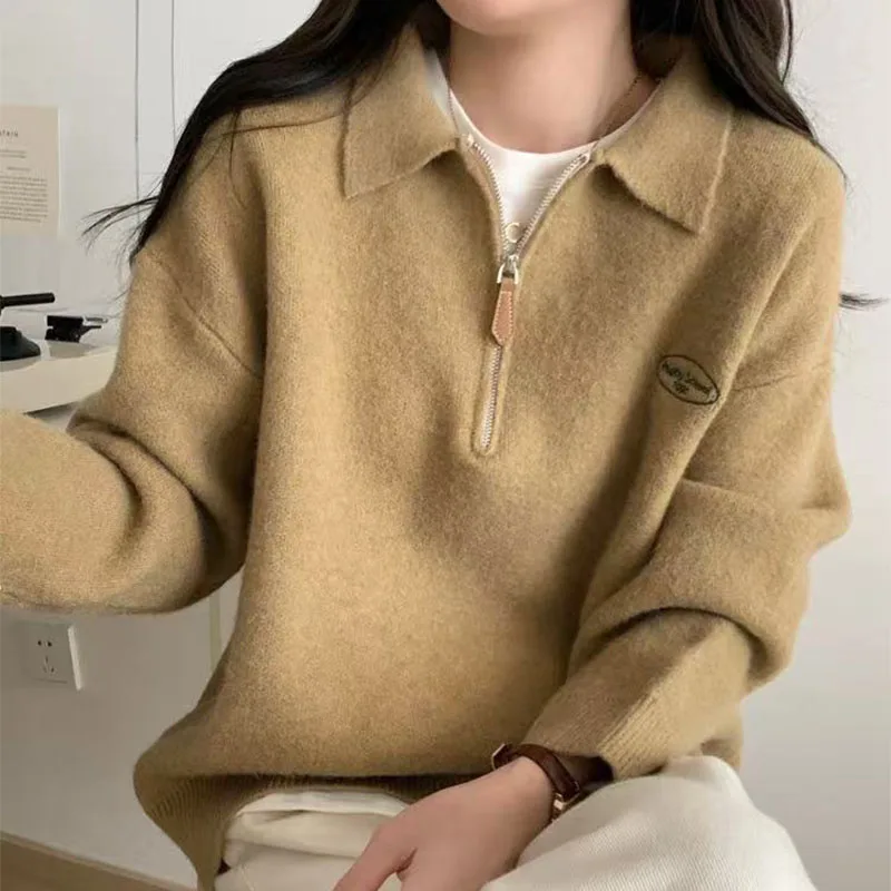 

Осень/зима 2025, новый женский вязаный пуловер с полузастежкой-поло и вышивкой, повседневный свитер, топ
