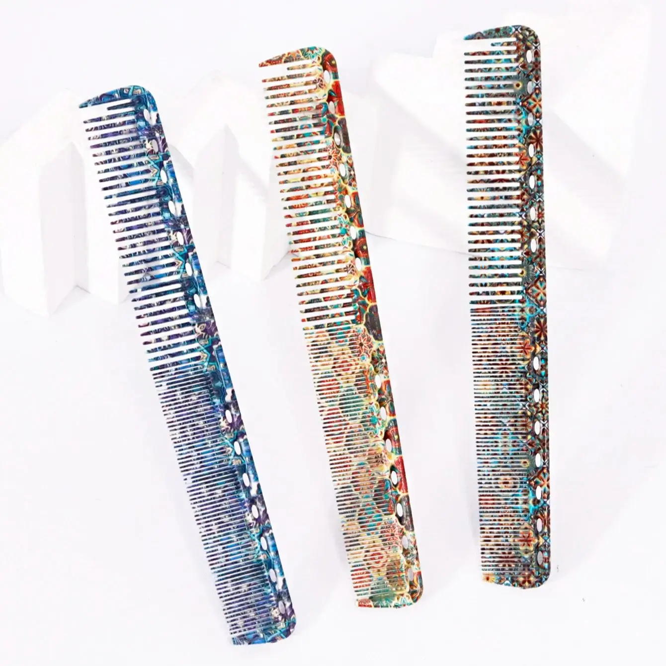 Wide and Thin Teeth Home Styling Comb with Printed Pattern Design, Double-Sided Barber Comb Special for Real Hair Wigs