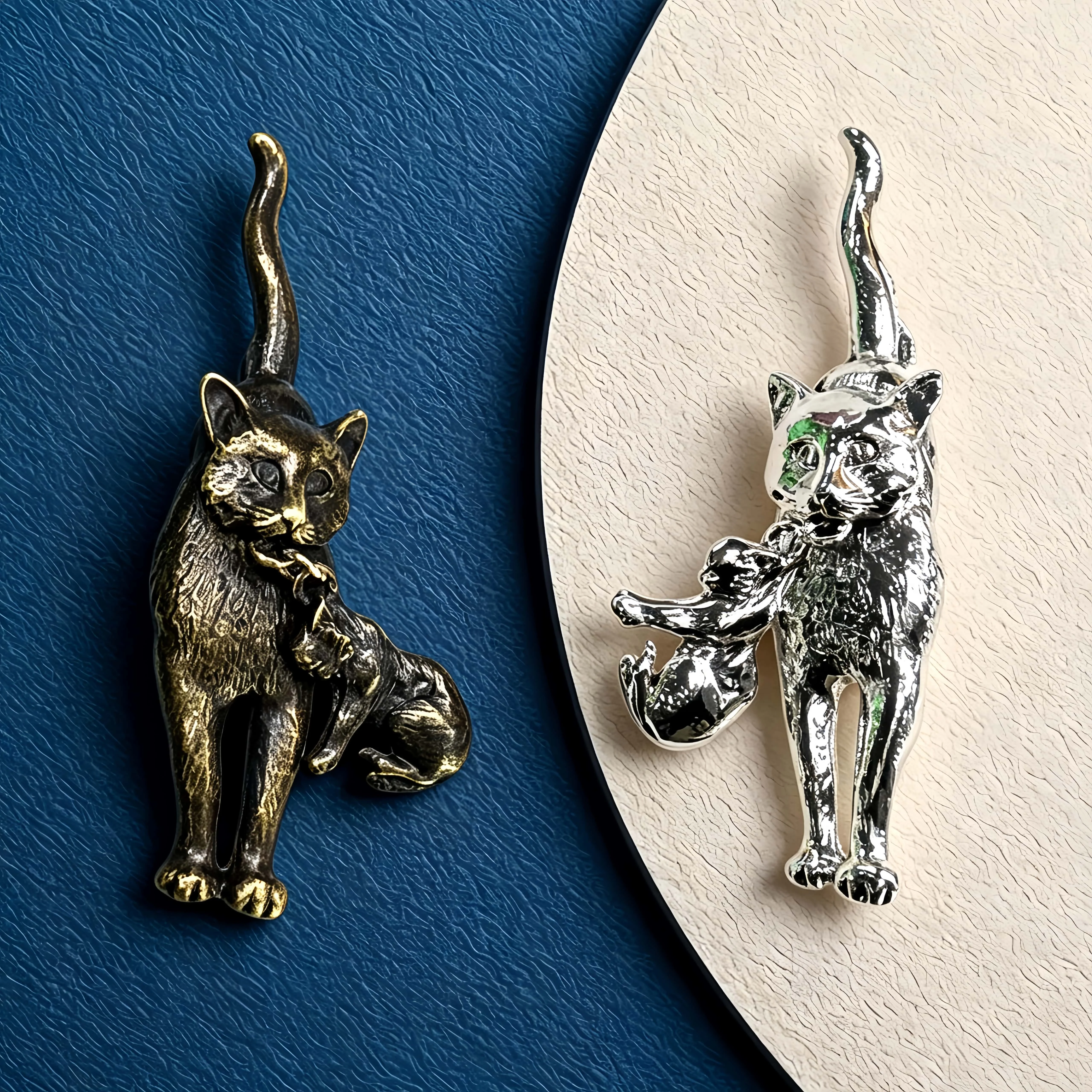 Essh&Pule Vintage Cat Kitten Brooch Retro Metal Mother Cat Carrying Baby Kitten Lapel Pin Suit Scarf Decor Unisex Jewelry Gift