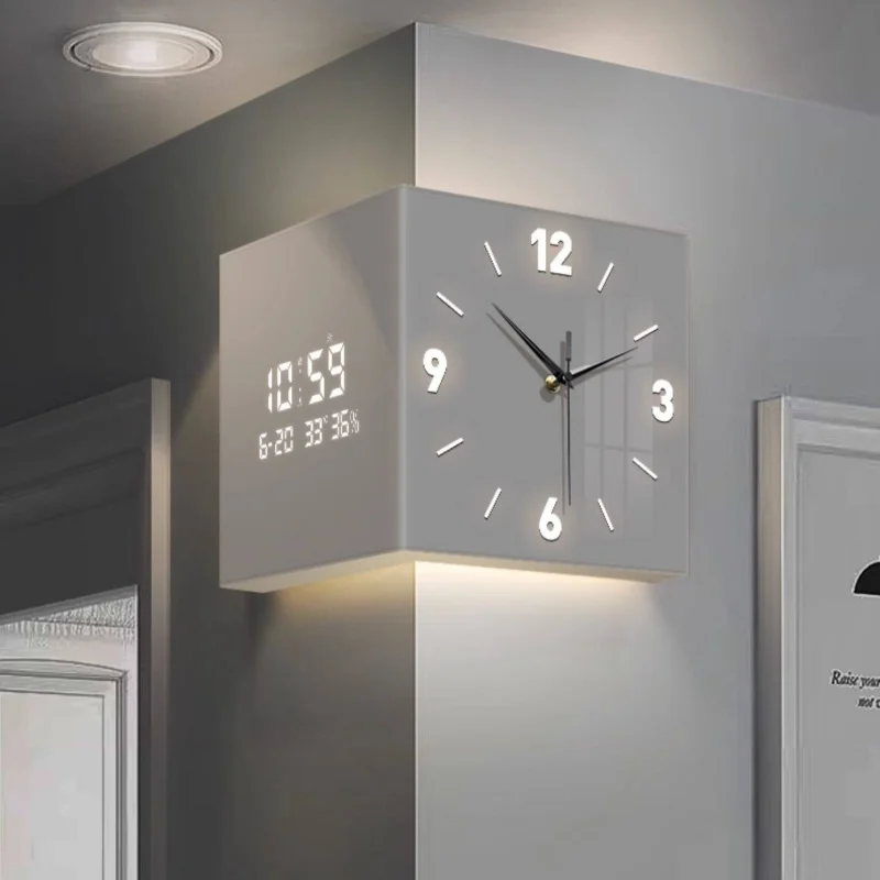 Double-sided Corner Clock Modern Minimalist Calendar Electronic Clock with Night Light for Home Living Room Wall Decorations