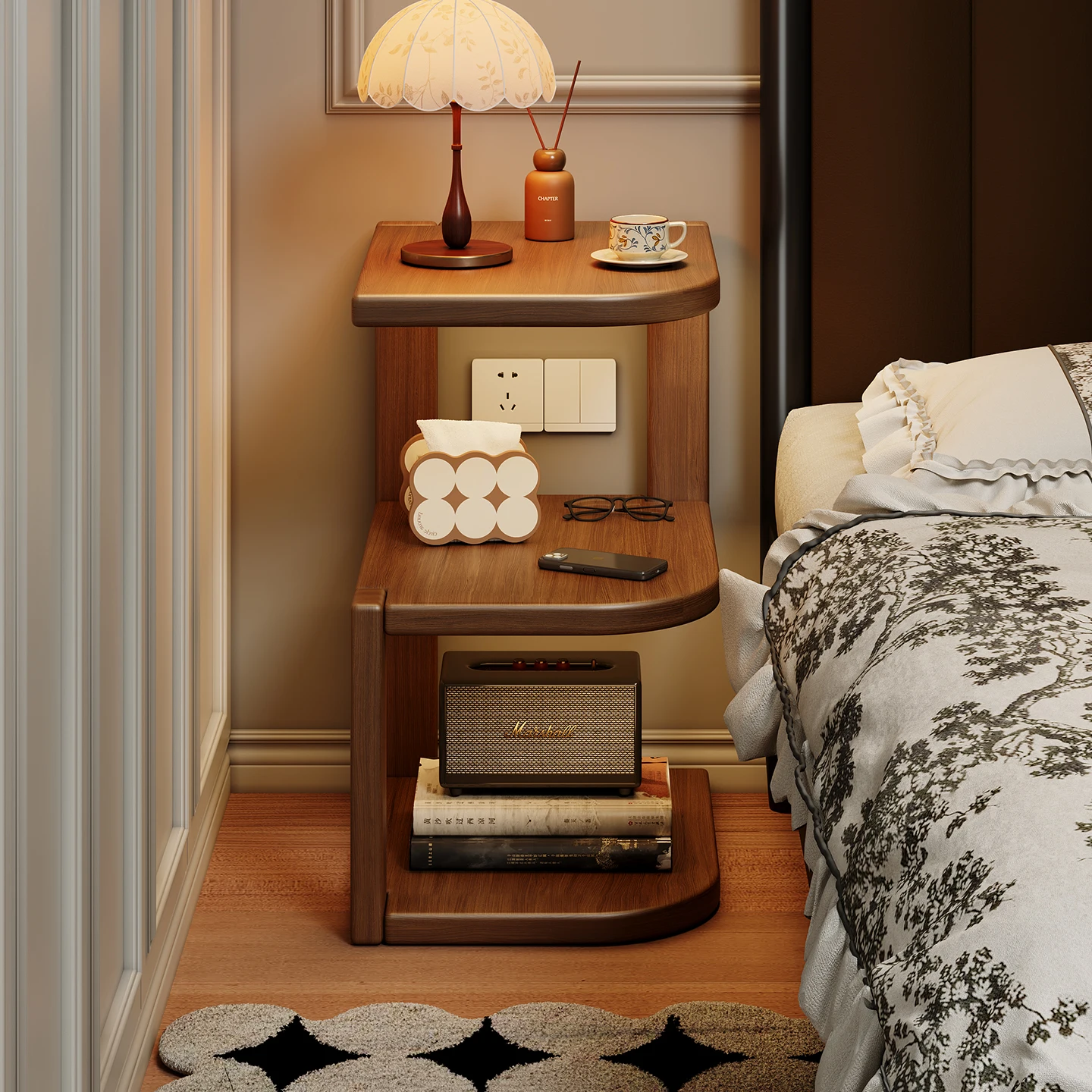 Bedside Table Solid Wood Household Bedroom Replacement Artifact Rental Room Corner Rack Floor-to-ceiling Multi-functional Storag