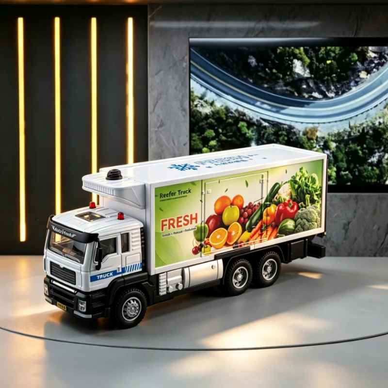 1:50 Spray Effect Fruit Vegetable Refrigerated Truck Diecast Alloy Vehicle Sound Light Transport Themed Collectible Ornament