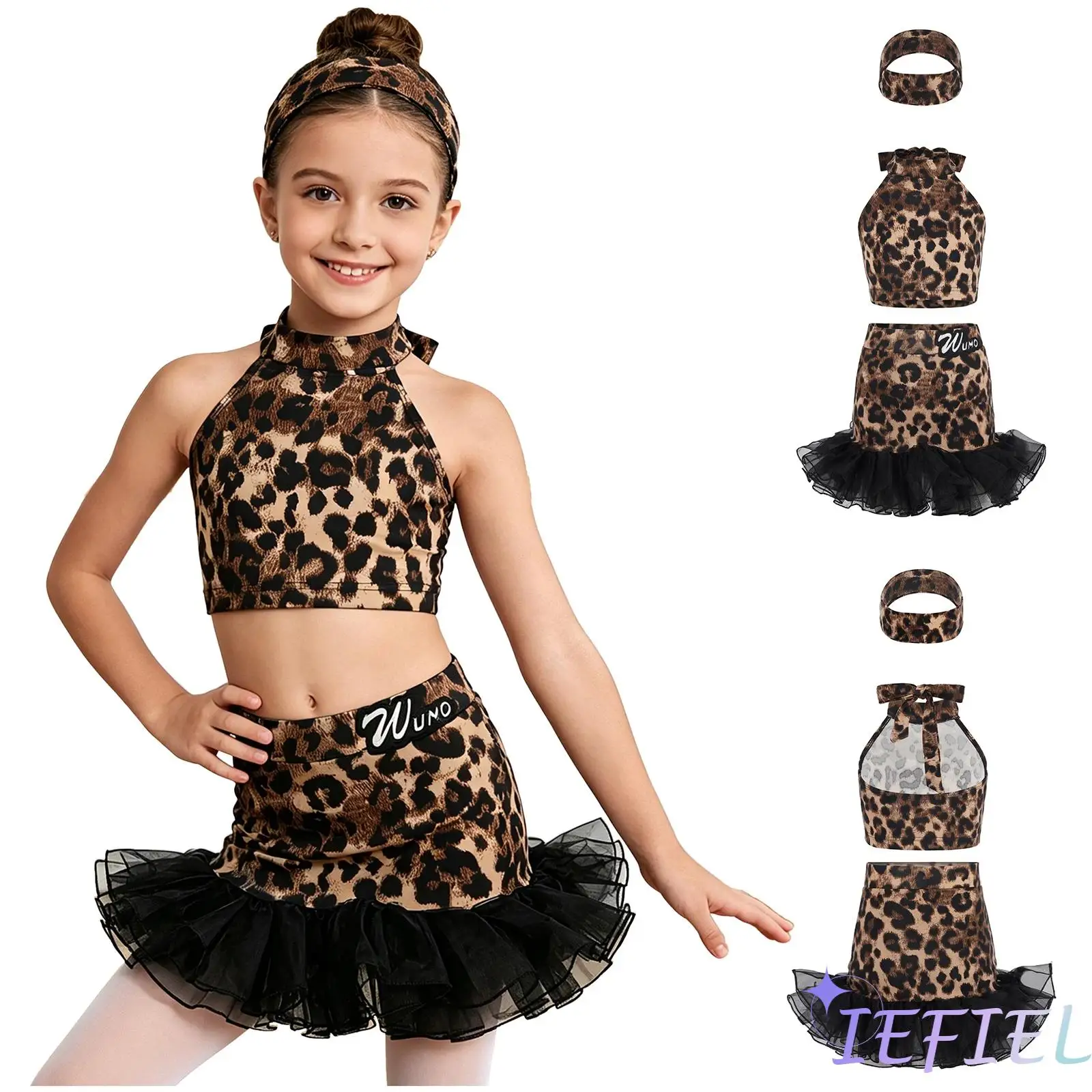

3Pcs Leopard Print Dance Outfit for Kids Halter Sleeveless Self Tie Top with Ruffle Skirt and Headband Girls Latin Dancewear