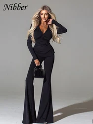 Nibber Pleats Elegant 2 Piece Set Women Hooded Low-Neck Long Sleeve Top+Solid Flared Pants Matching Casual Simple Trend Suit