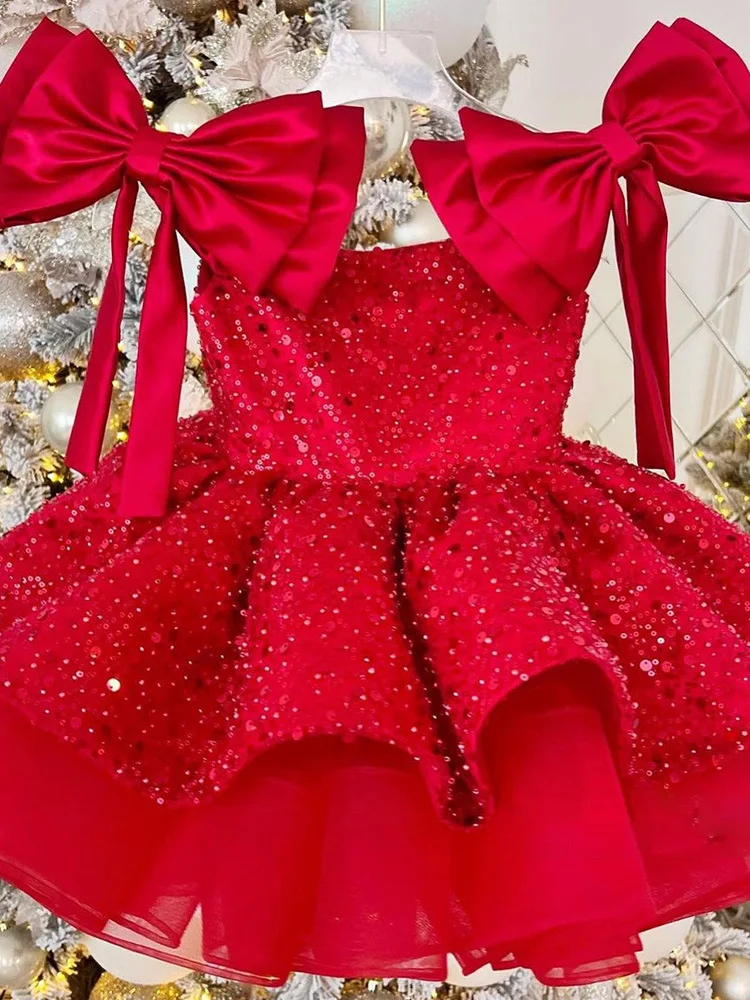 Girls Red Mesh Dress Luxury Sleeves Elegant Girls\' Evening Dress Summer Fashionable Sequin Princess 3-10 Y girls graduate Dress