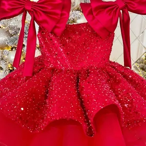 فستان سهرة أحمر محبوك أنيق للمرأة ، أكمام فاخرة للمرأة ، فستان أميرة عصري من الترتر الصيفي ، فستان أكاديمي ، 3-10 سنوات أفضل 8 فستان حفلة موسيقية للأطفال - رقم 7