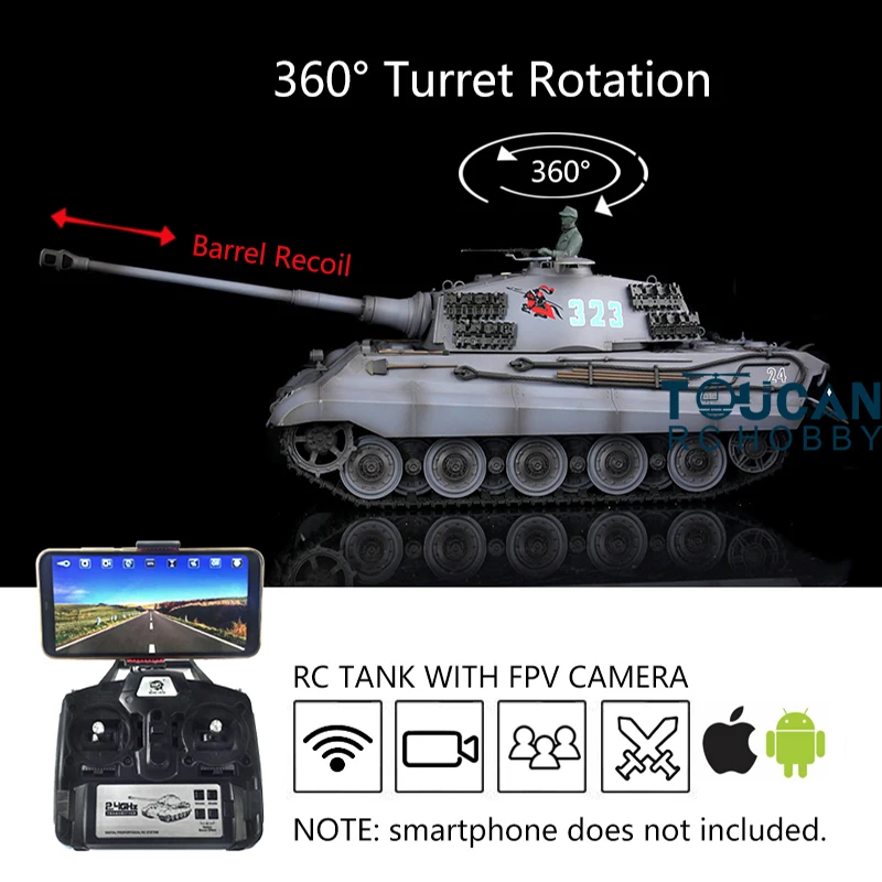 Heng Long 1/16 7.0 พลาสติก FPV King Tiger RC ถัง 3888A 360 °   Turret BarrelRecoil อินฟราเรด Battle รถทหารของเล่น TH17522