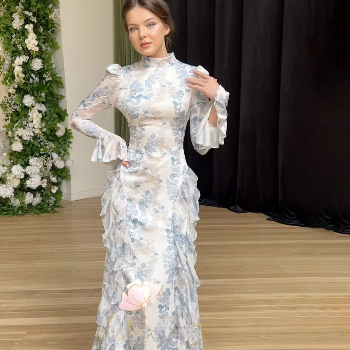 Ele Long Sve satijnen wikkel Dr dames slim fit bedrukte jurk met riem midden taille Knowl Sle lente 2025, Faion