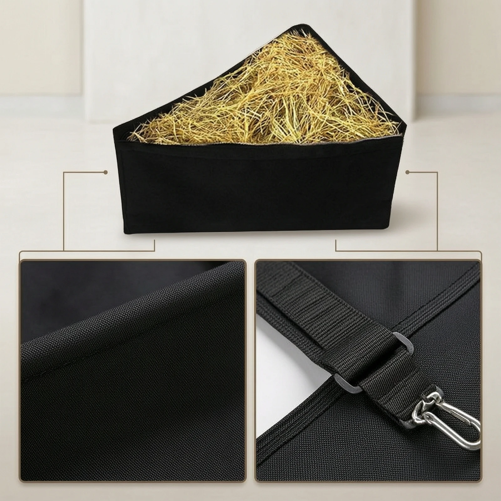 Hay Bag with Adjustable Strap Triangular Hay Bag with Mesh Feeder Oxford Cloth Reinforced for Horses, Stables, Barns