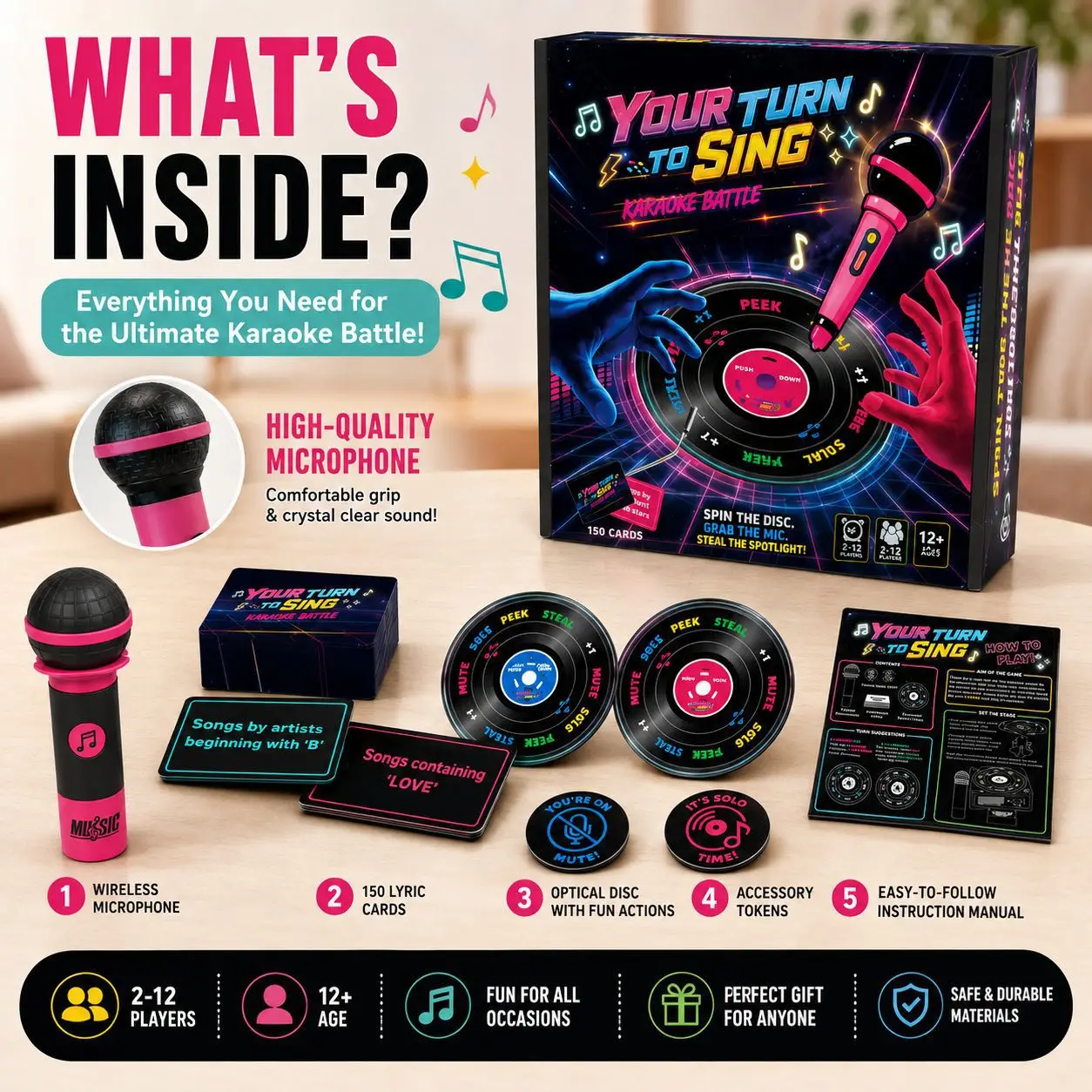 Grab The Mic Karaoke Battle Game, Singing Party Game With Microphone & Cards For Family Adults