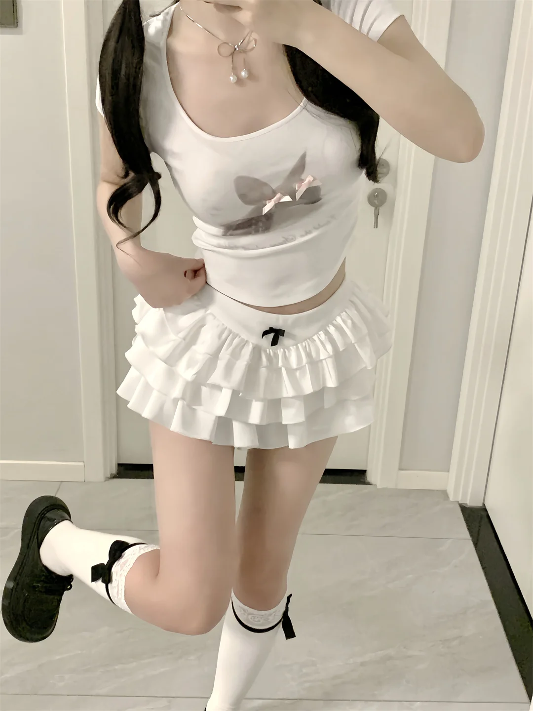 Ms XIDU Summer 2024 White Satin Miu Style Cake Short Skirt with Wood Grain  All-Match Fluffy  Skirt Panty