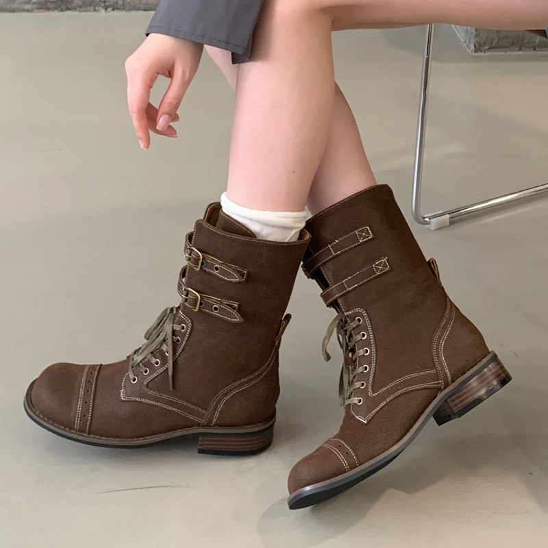 

Aneikeh/модные весенне-осенние мотоциклетные сапоги до колена, женские мотоциклетные ботинки в стиле панк с узкими ремешками и шнуровкой, с круглым носком, на квадратном низком каблуке