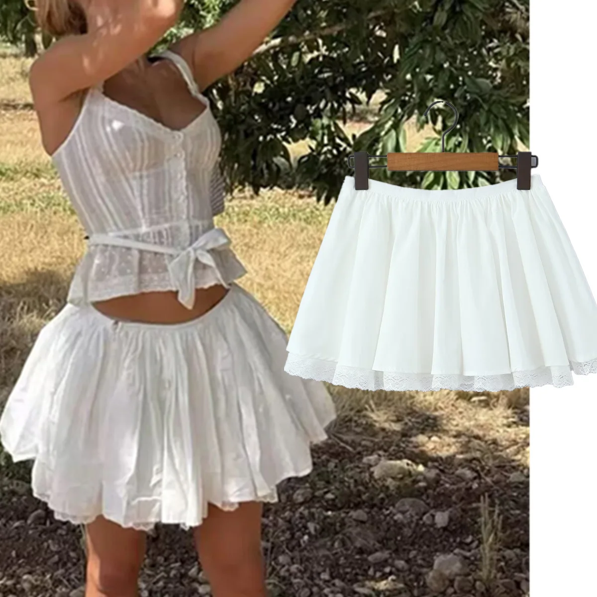 

Jenny&Dave Ins Fashion Blogger 2026 Summer Cotton Mini Skirt Woman Clothing Lace Layer Floral Bud Skirt White Color Faldas Skirt