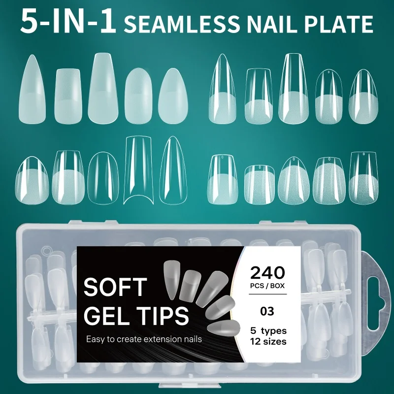 Soft Gel Nail Tips 240PCS Pre-Buff Full Cover Coffin Almond Oval Shaped Nail Extenison Tips Half Matte Gel X Fake Nails