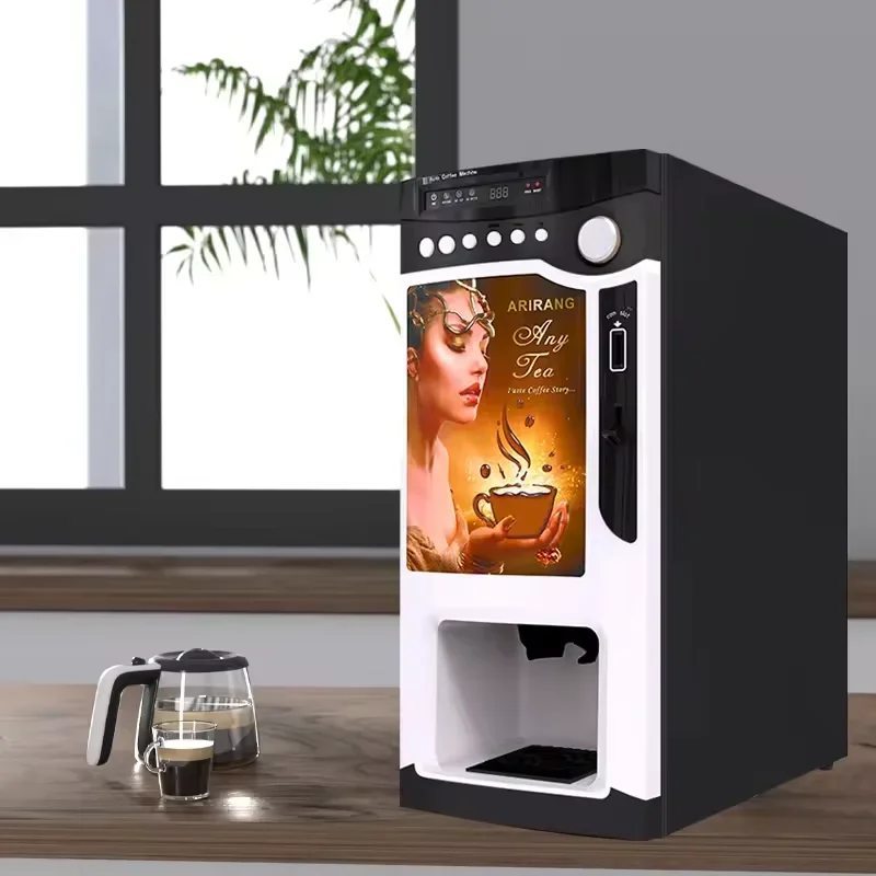 Máquina comercial inteligente de 3 sabores, cappuccino quente, latte, máquina de venda automática de café instantâneo com pagamento operado por moedas