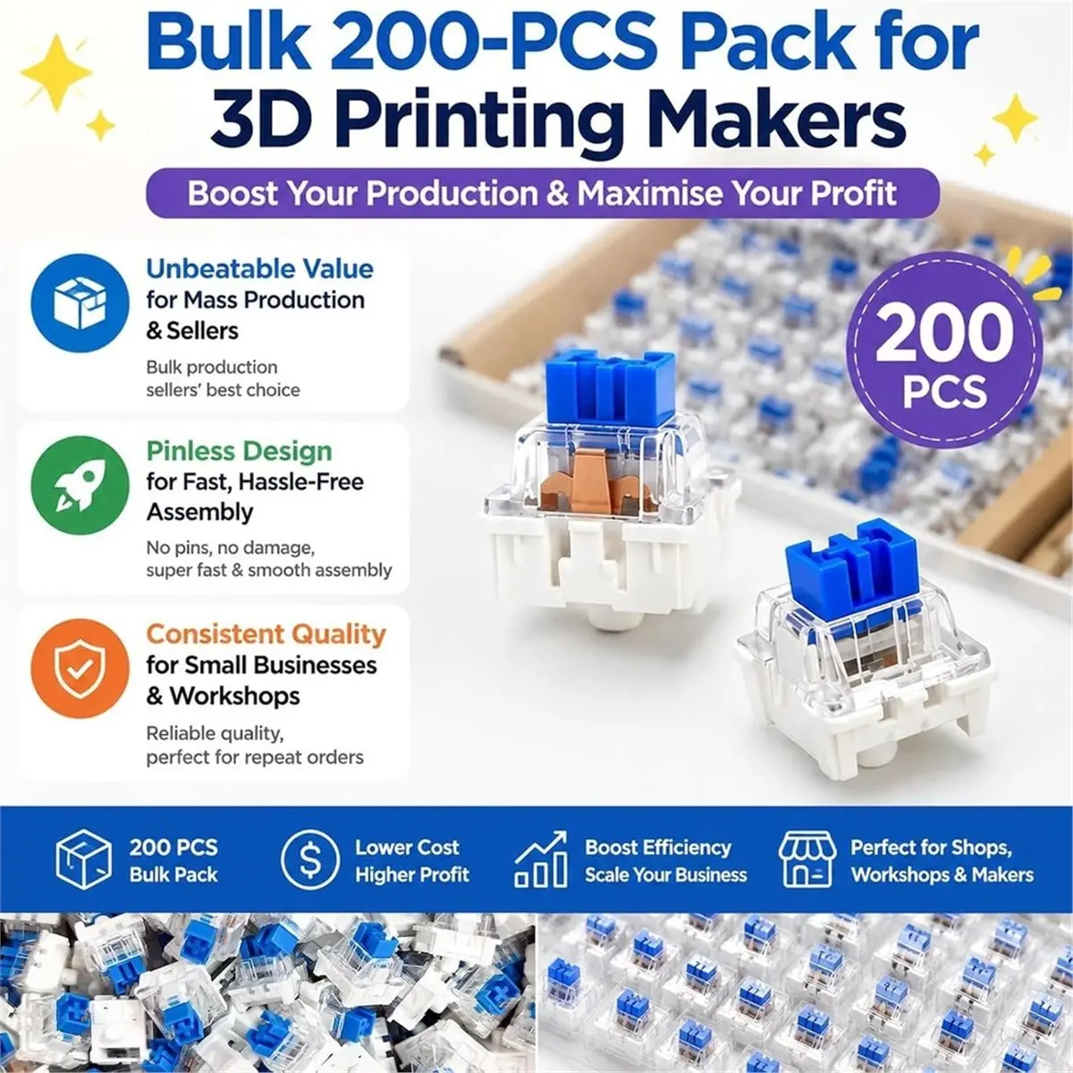 200Pc Clickers for 3D Prints, Pinless Keyboard Switches Set Blue Keyboard Switches, Loud Tactile Clicky Switches for DIY