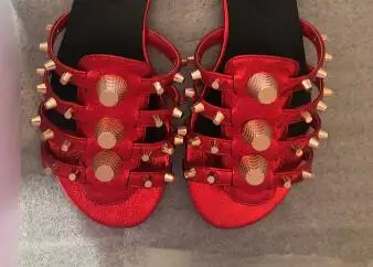 Punk Women Beige Black Dark Blue Red Leather Gold Metal Rivet Open Toe Casual Flat Slippers Ladies Hollow Slide Sandals Shoes