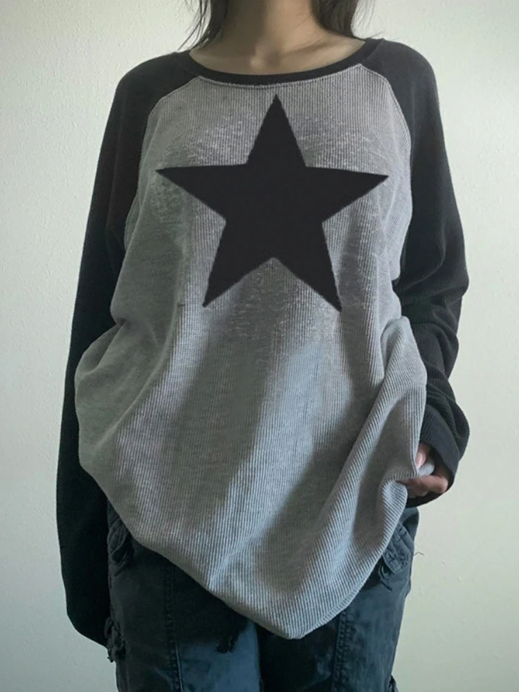 Star Printing Graphic T Shirts for Women, O-Neck Top, Long Sleeve Clothing, Casual Streetwear, Y2K, Autumn