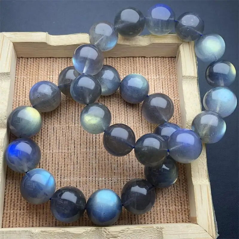 15MM Natural Gray Moon Stone Bracelet Round Beads Strand Women Men Healing Energy Jewelry Lovers Gift 1pcs