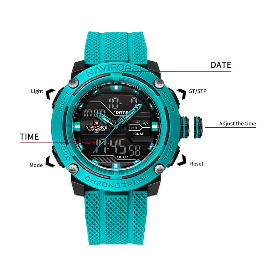 NAVIFORCE zegarek sportowy dla mężczyzn wodoodporny podwójny wyświetlacz kwarcowy zegarek męski cyfrowy datownik wojskowy stoper Reloj Hombre