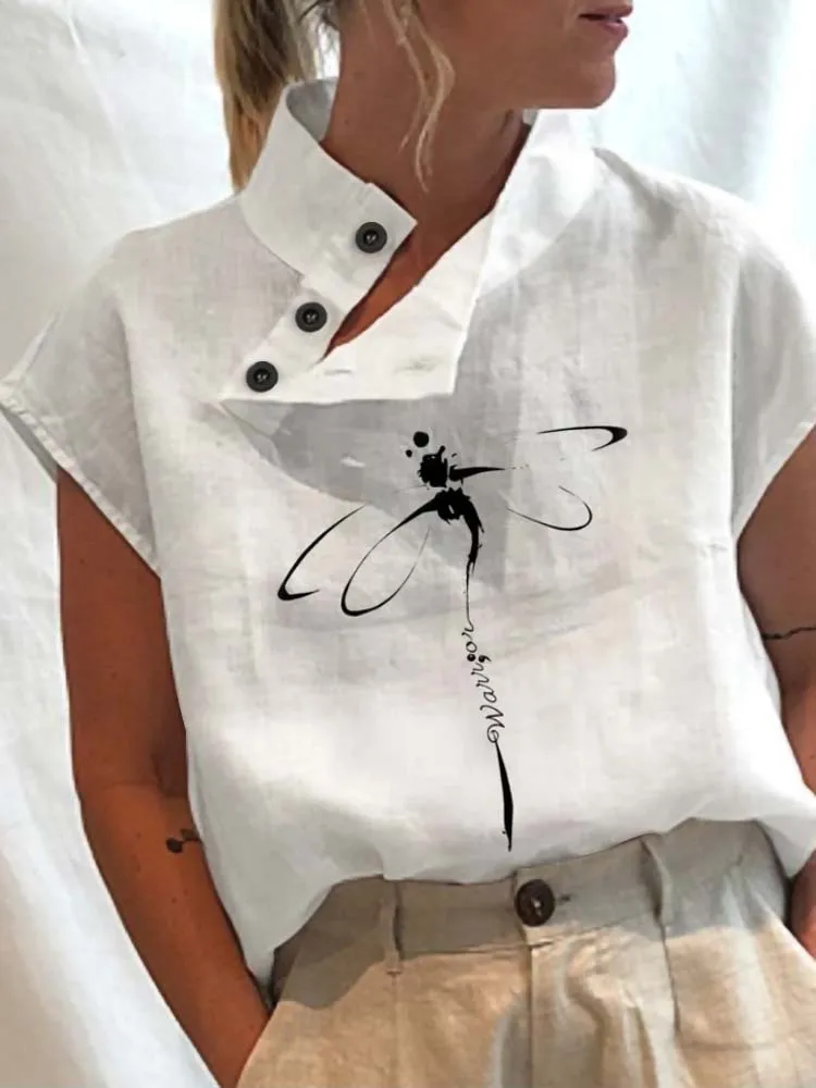 White Blouses Casual Buttons Slit Stand Neck Top Blusas Leisure Summer Blouse Women Tops Vintage Floral Print Short Sleeve