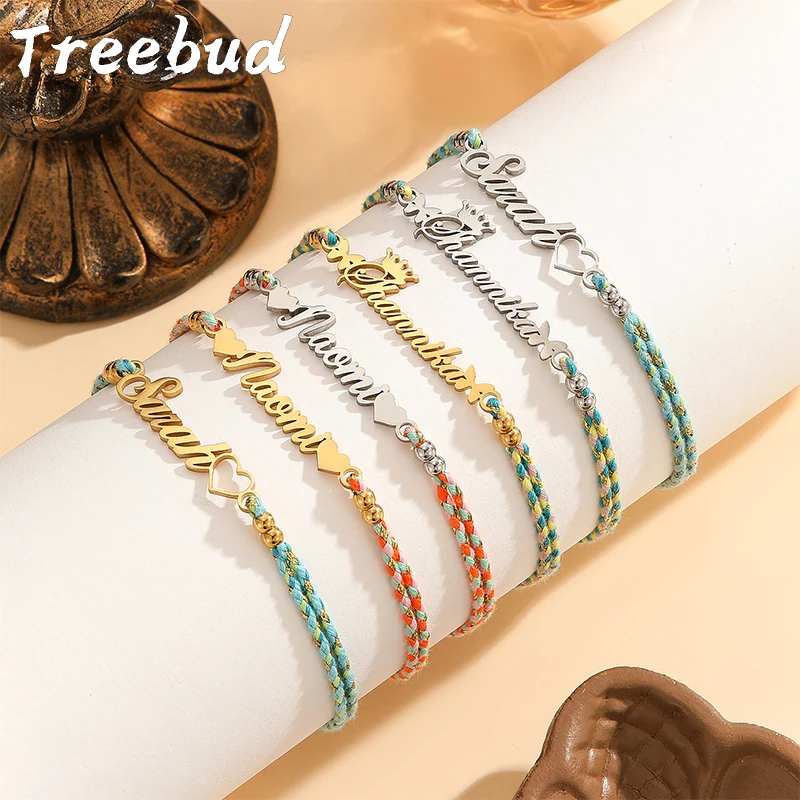 

Treebud Custom Names Bracelet for Women Stainless Steel Colorful Handmade Rope Braided Nameplate Charm Bracelets Party Jewelry