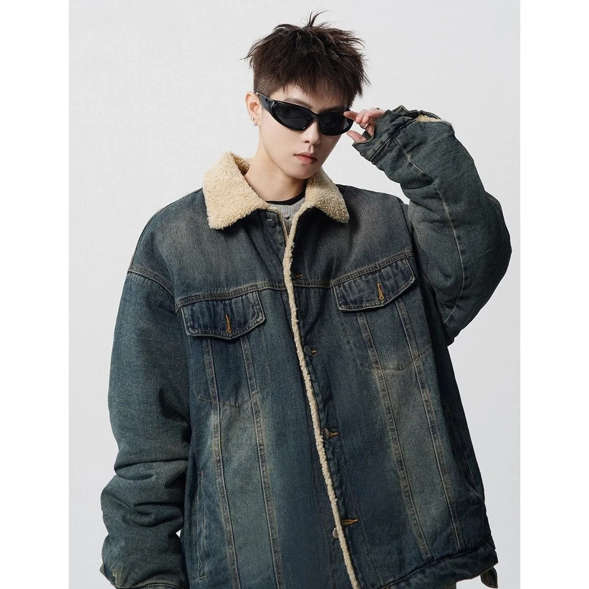 Fleece Solid Lapel Denim Cotton Jacket Men Autumn Winter High Quality  Washed Couple Casual Thickened Fashion Coats
