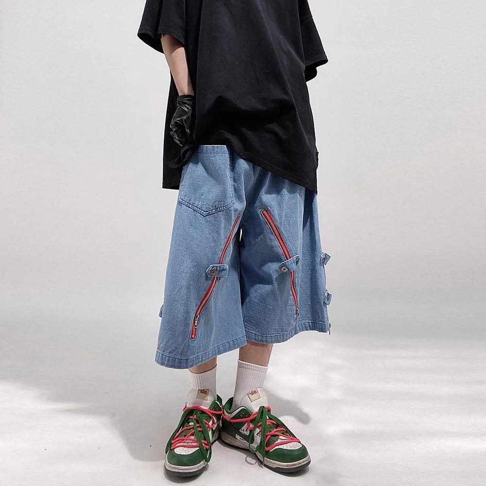 ARENS Summer Zipper Button Denim Shorts Mens Streetwear Hip Hop Knee Length Pants Harajuku Vintage Baggy Casual Short Male