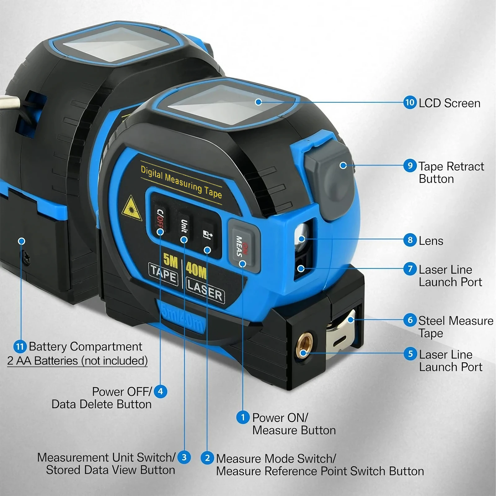 STONEGO 3 in 1 Laser Tape Measure 40M 60M Infrared Distance Measure High Precision Smart Energy Ruler Tool